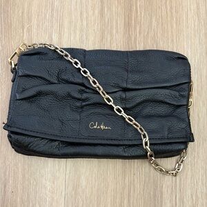 Cole Haan Bailey Ruched Leather Foldover Clutch Purse Darkest Brown Chain